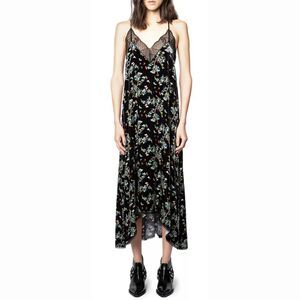 Zadig & Voltaire Risty Velvet Blossom Lace-Trim Floral Midi Dress Black Size XS